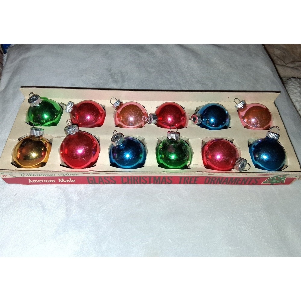 Vintage Shiny Brite Glass Christmas Ornaments Set of 12 Woolworth's Box USA